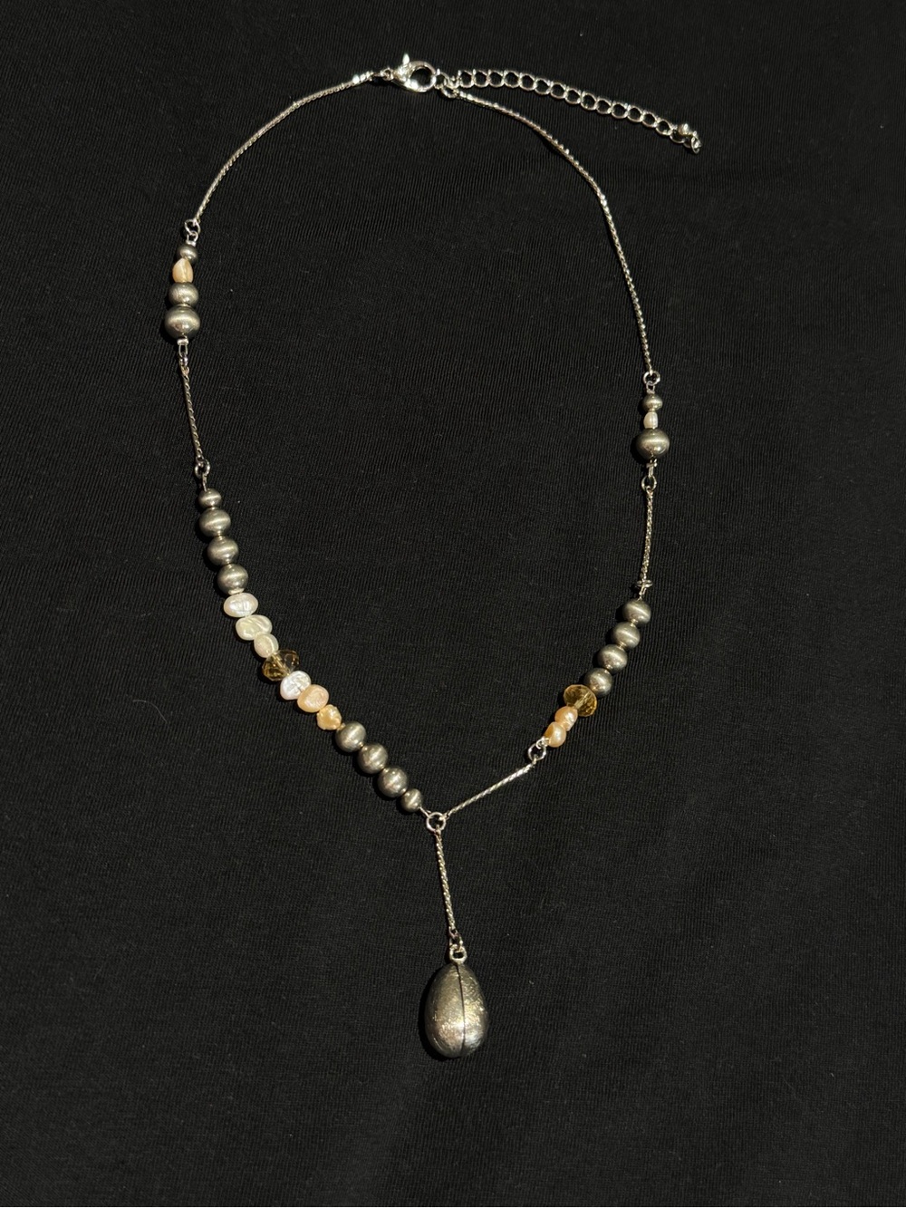 Silver-Tone Beaded Lariat Necklace with real perl and Crystal